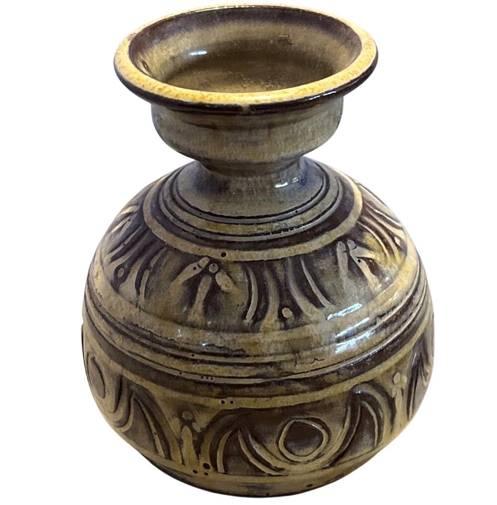 Mid Century Modern Pottery Vase Signed Pat Collins Brown Tan MCM